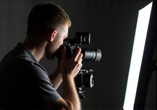 Photographer skillfully adjusting an advanced studio lighting setup for a portrait
